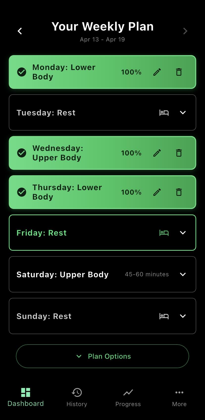 Buli app home screen with weekly plan and dashboard