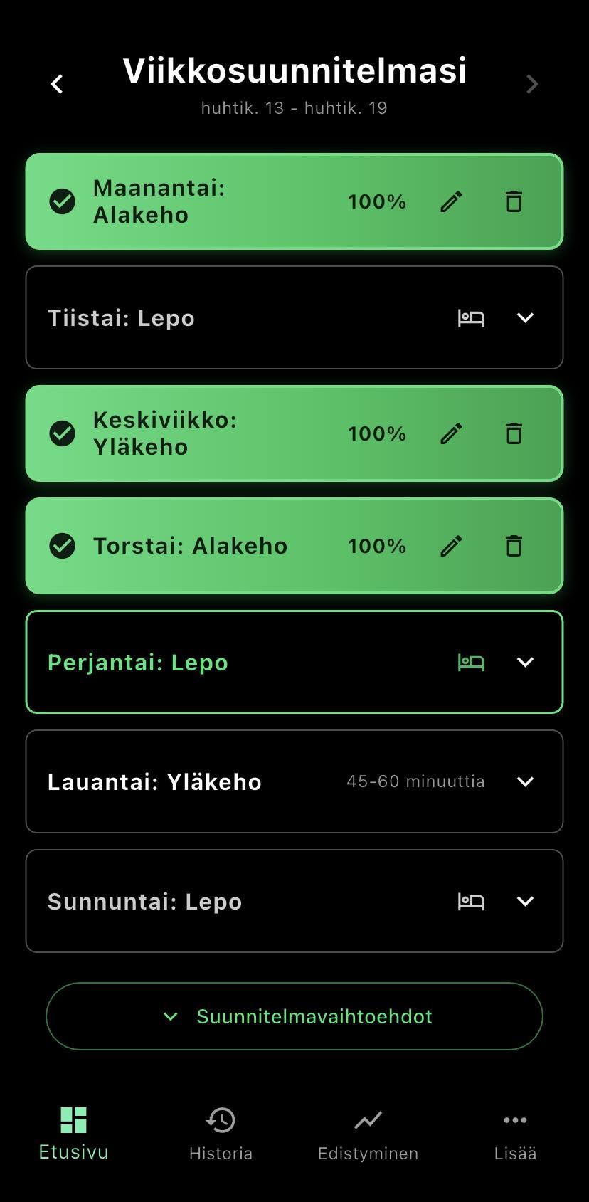 Buli-sovelluksen etusivu ja viikkonäkymä