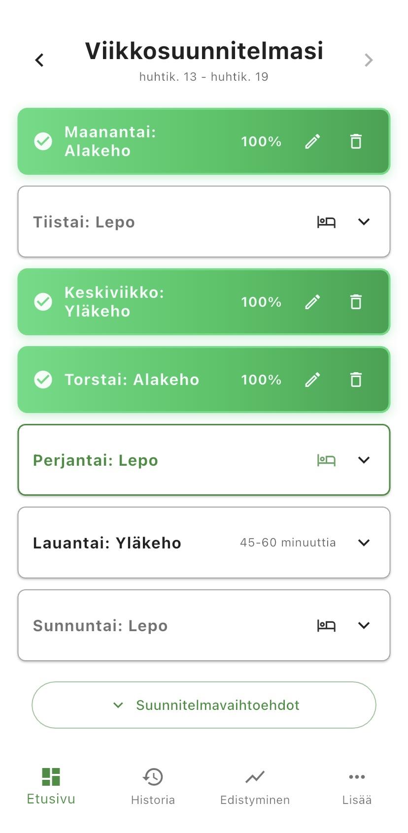 Buli-sovelluksen etusivu ja viikkonäkymä