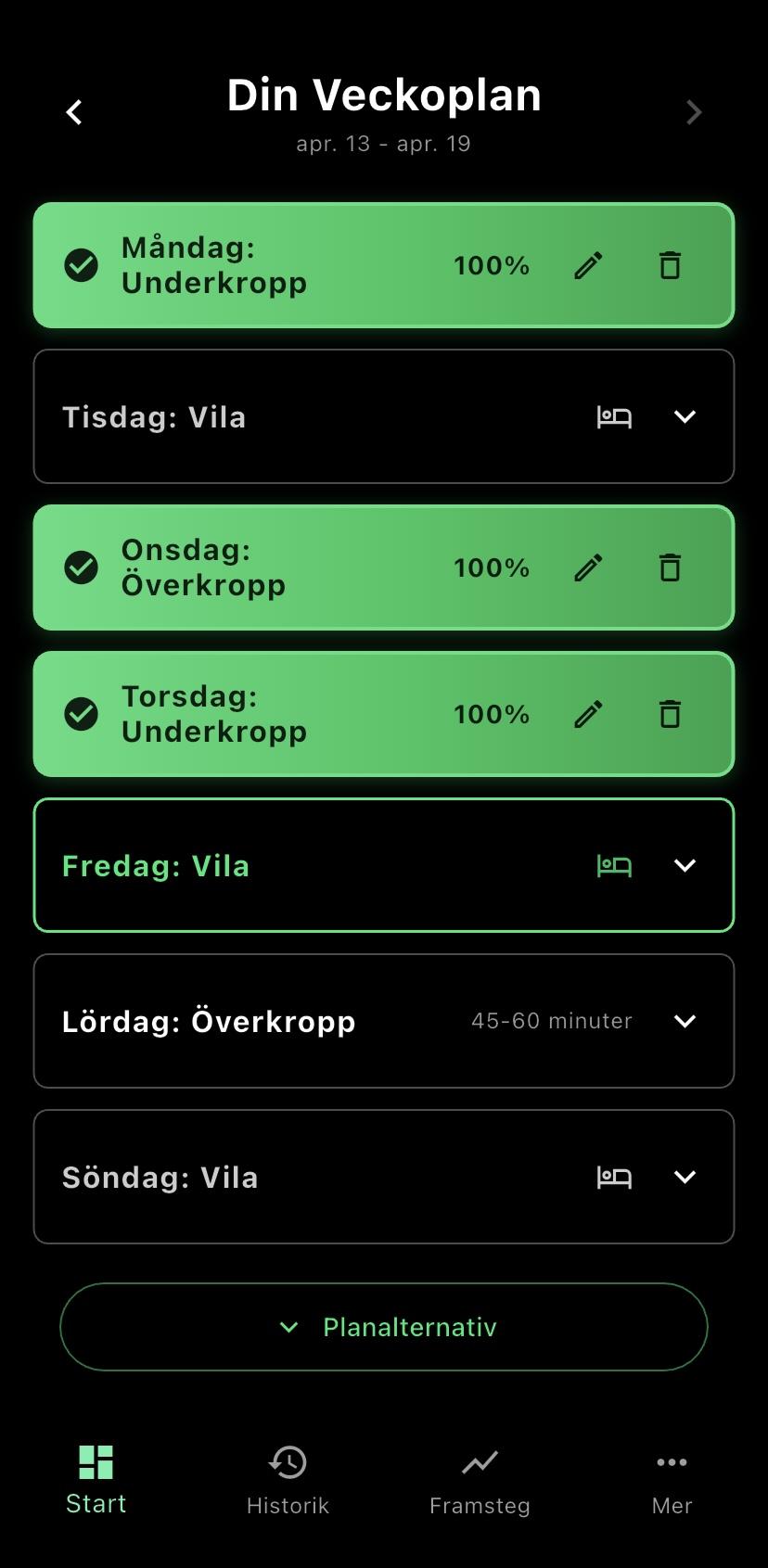 Bulis startsida med veckoplan och översikt