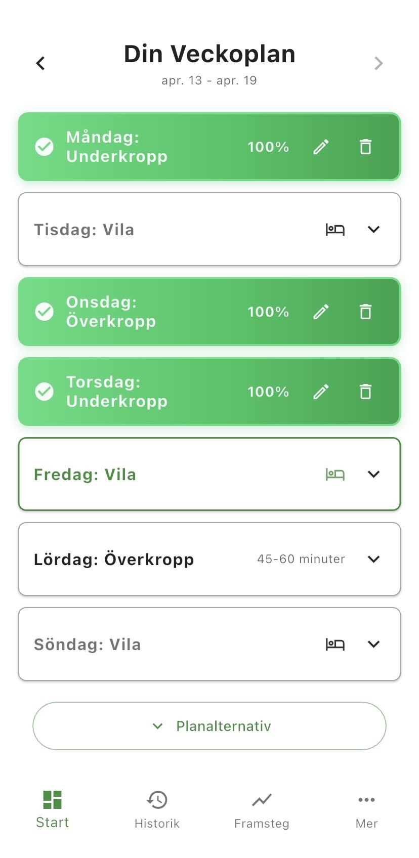 Bulis startsida med veckoplan och översikt