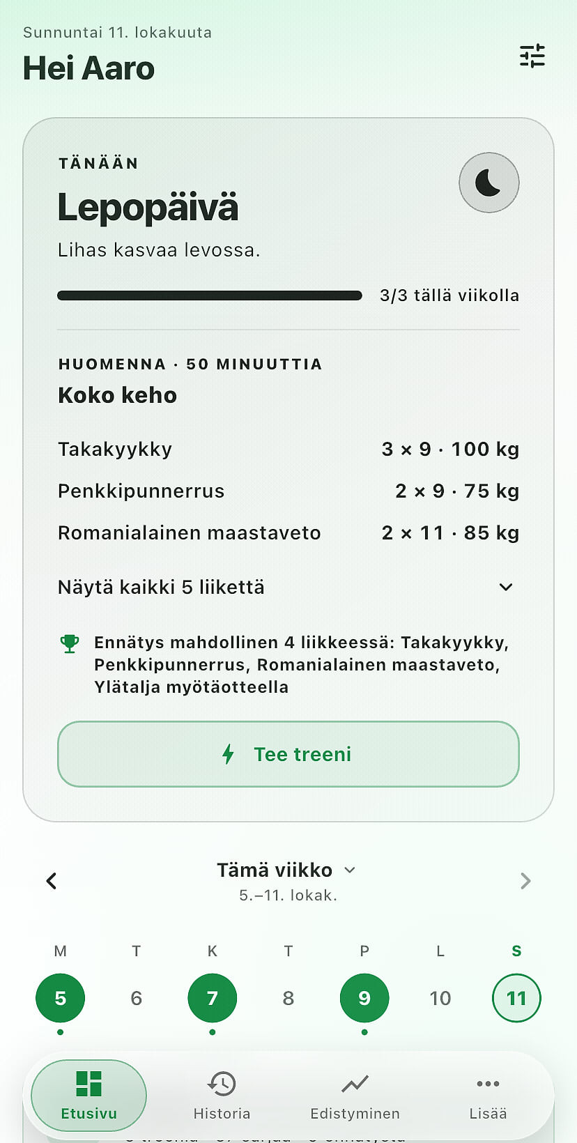 Näe viikon tehdyt ja tulevat treenit etusivulta.