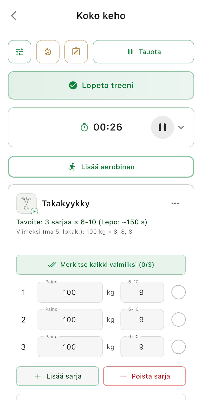 Käynnissä oleva treeni Bulissa: tauko- ja lopetuspainikkeet, treeniajastin sekä takakyykyn sarjat, tavoite ja edellisen kerran painot