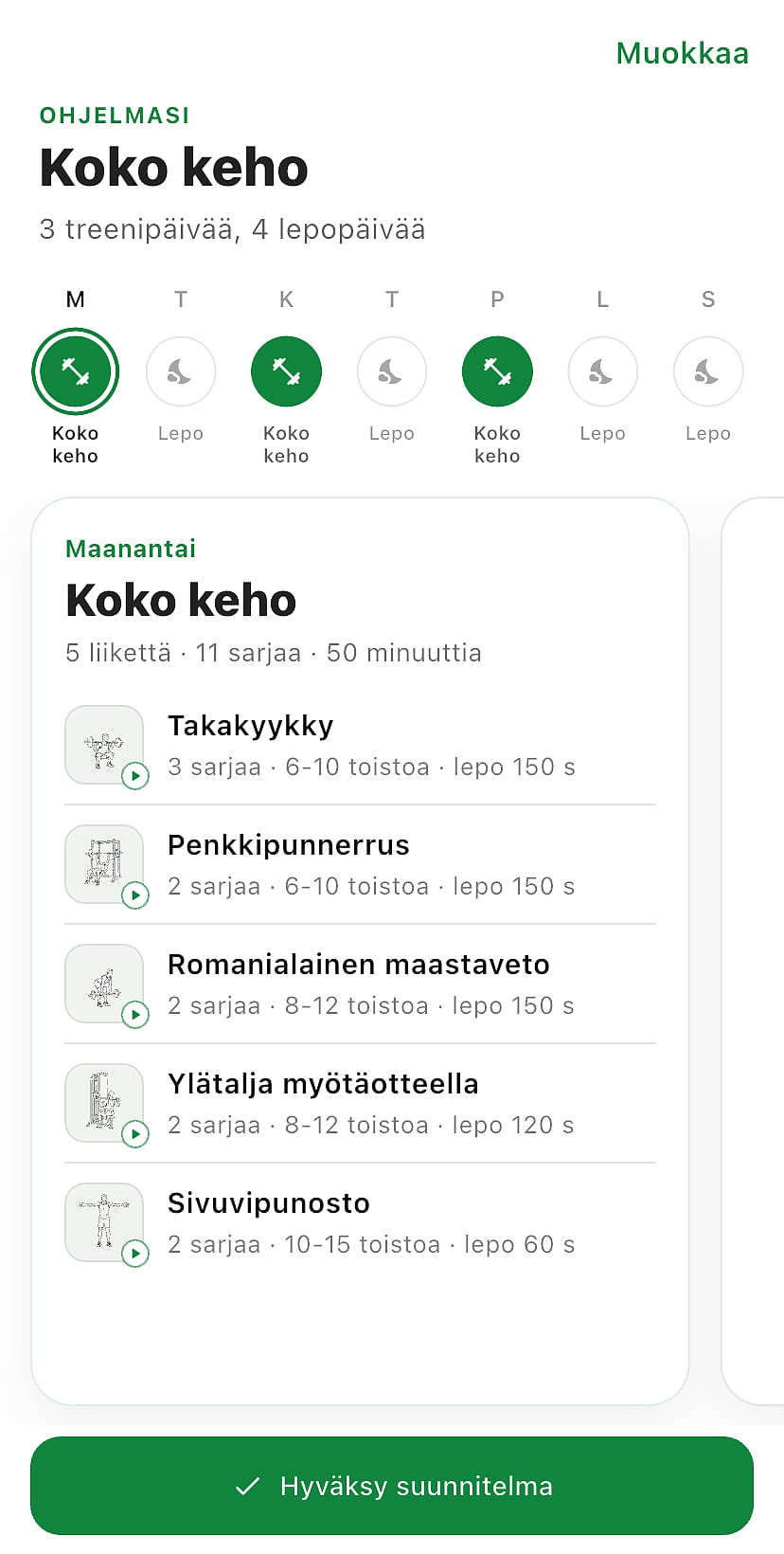 Valmis treeniohjelma Bulissa: viikon treeni- ja lepopäivät sekä päivän liikkeet, sarjat, toistot ja lepoajat